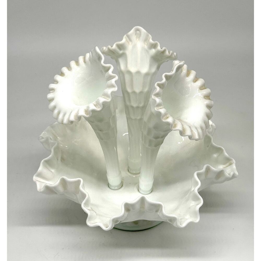 Vintage Fenton Epergne White Milk Glass Hobnail Ruffled Edges 3 Horned